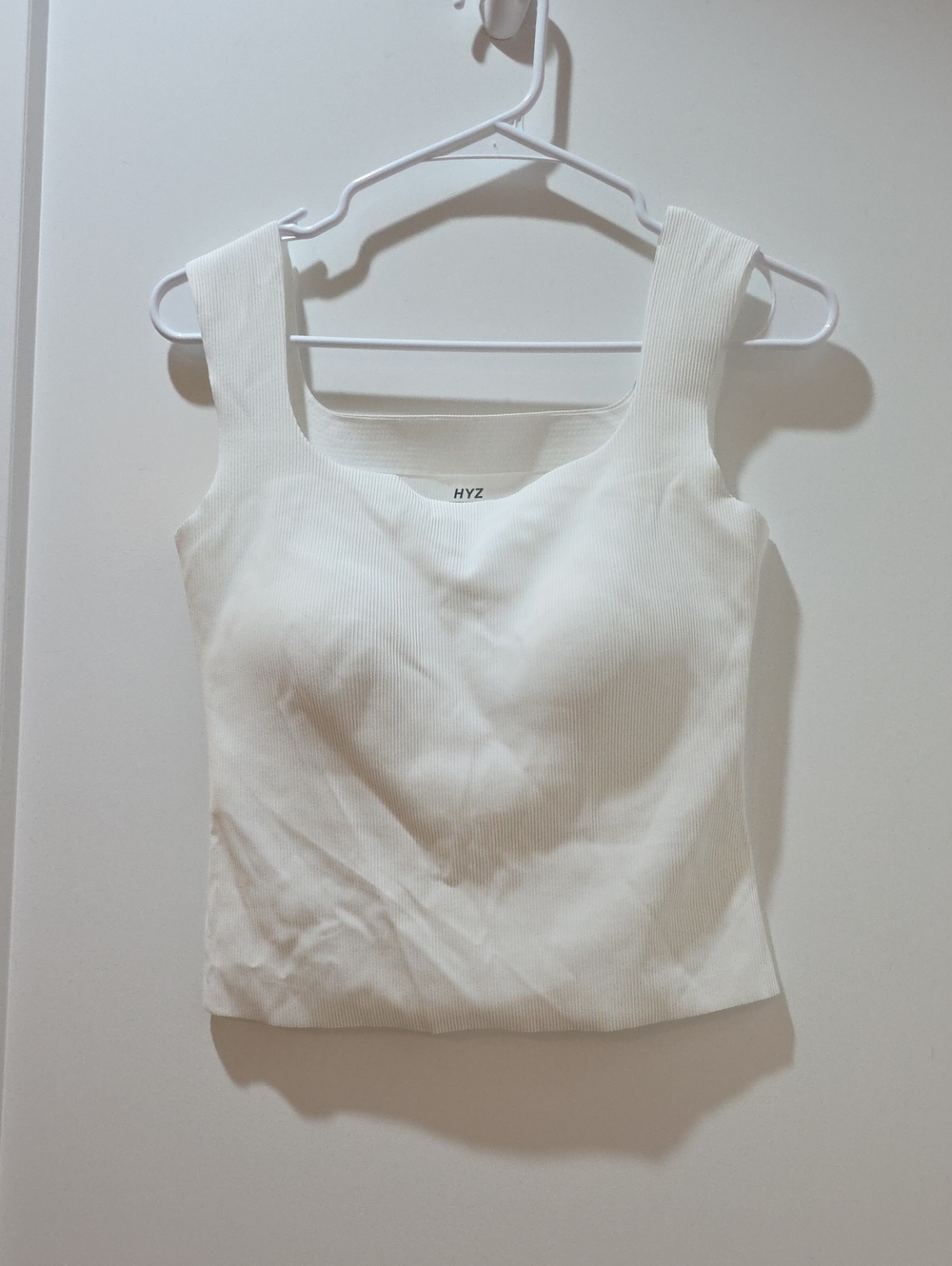 White Ribbed Square-Neck Tank Padded Bra Built In HYZ